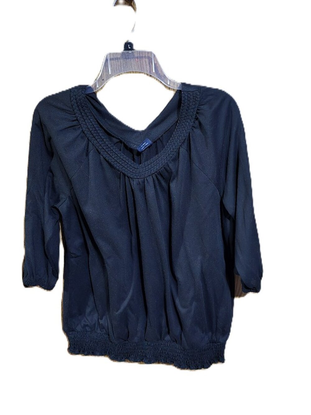 Faded Glory Solid Black Pullover Top V-Neck 3/4 Sleeves